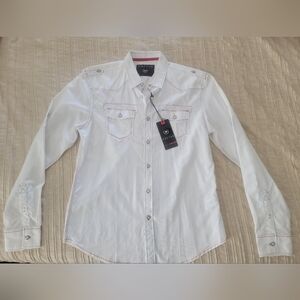 NWT Cactus Handcrafted Goods Men Button Down | White with Red Stitching | Size L